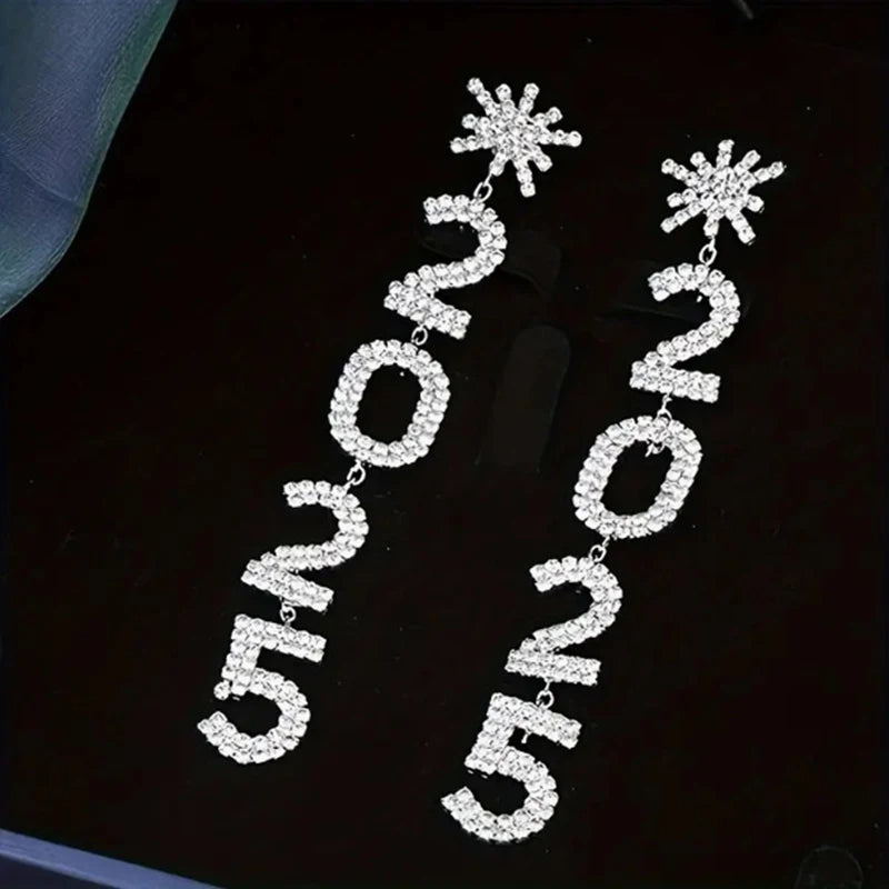 Luxury Rhinestone Snowflake 2025 Pendant Earrings - Elegant Long Drops for New Year's & Party Glam