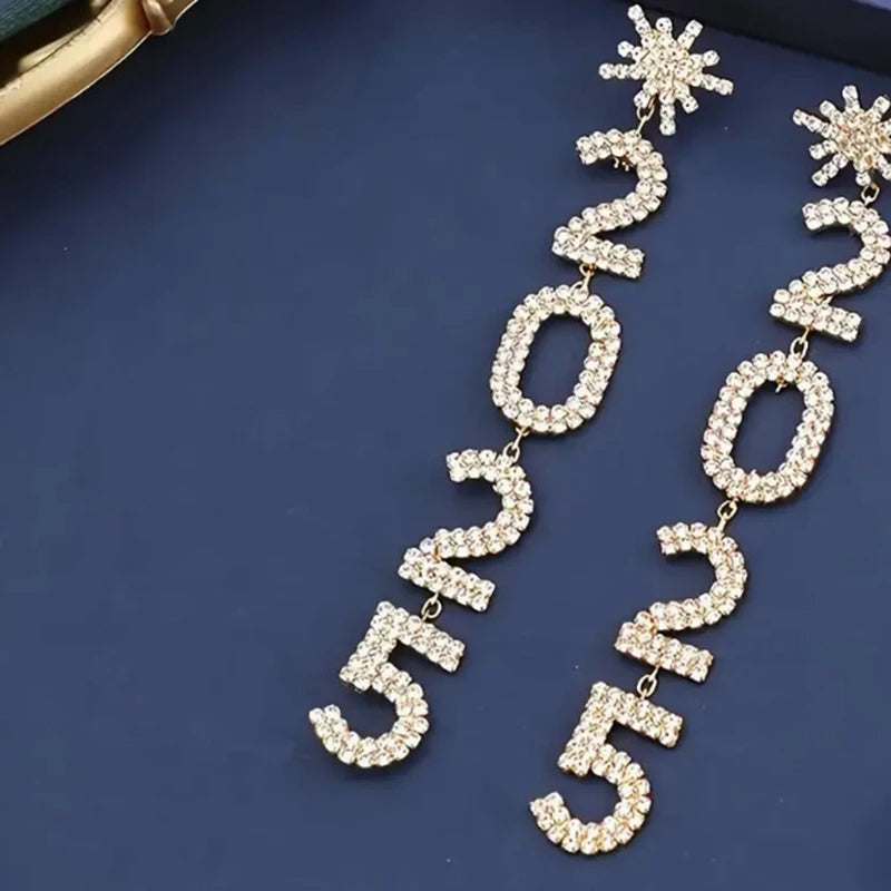 Luxury Rhinestone Snowflake 2025 Pendant Earrings - Elegant Long Drops for New Year's & Party Glam