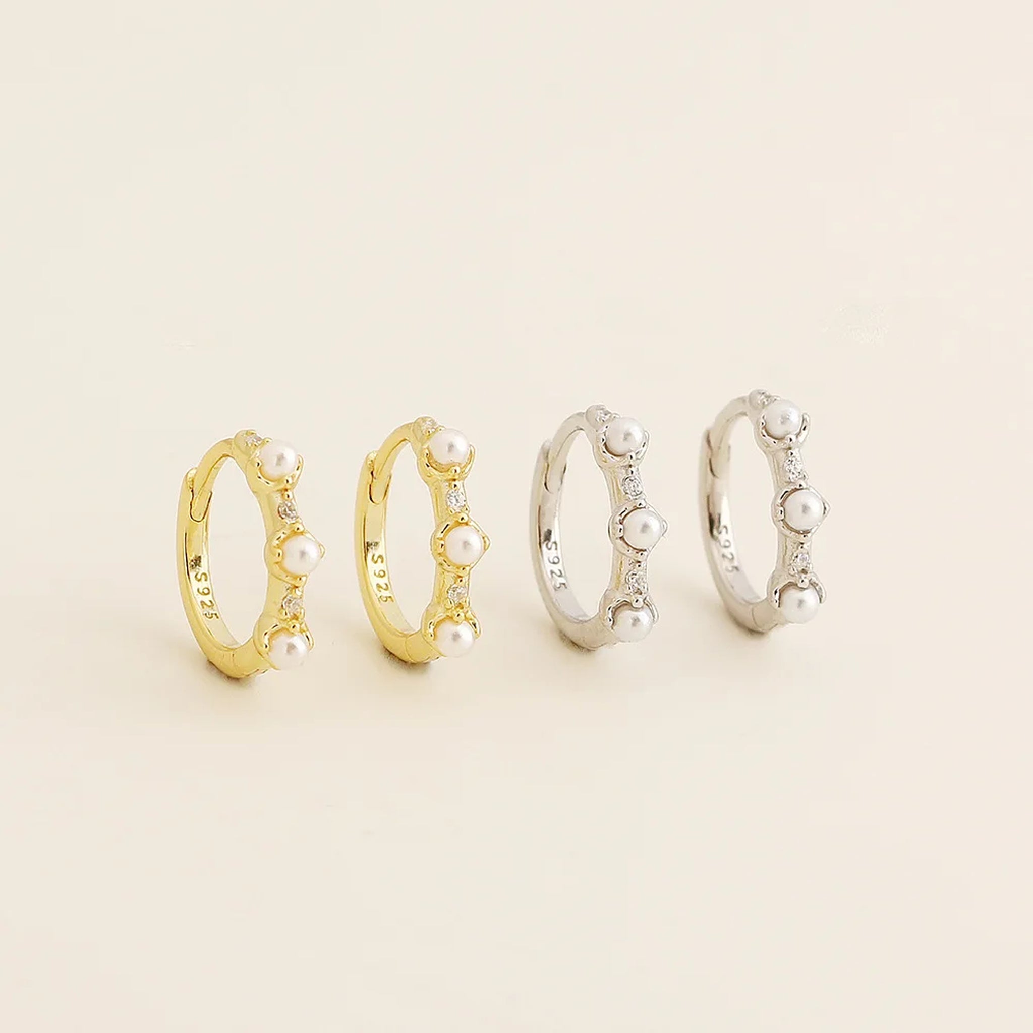 Elara Pearl Trio Huggie Earrings – 925 Sterling Silver