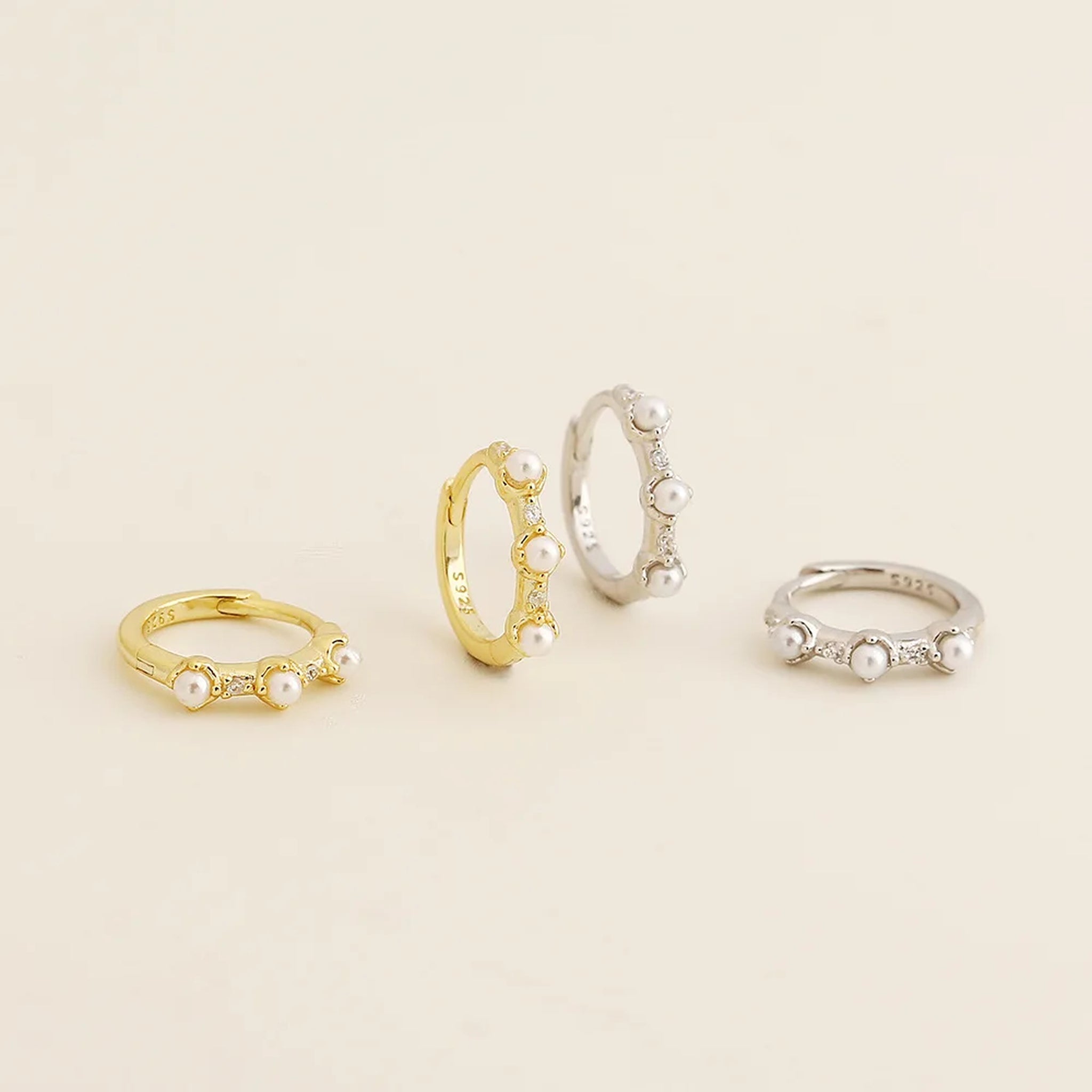 Elara Pearl Trio Huggie Earrings – 925 Sterling Silver