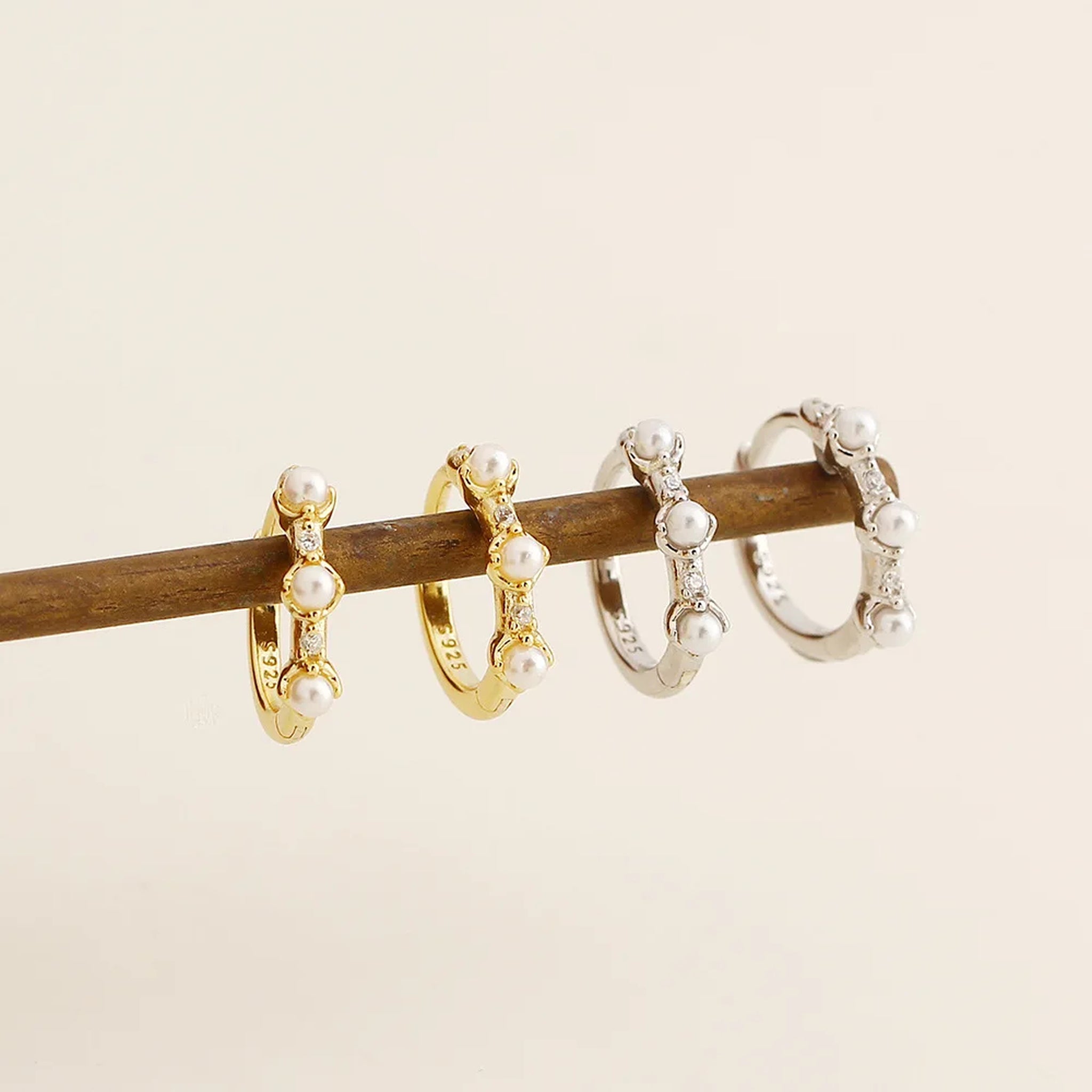 Elara Pearl Trio Huggie Earrings – 925 Sterling Silver