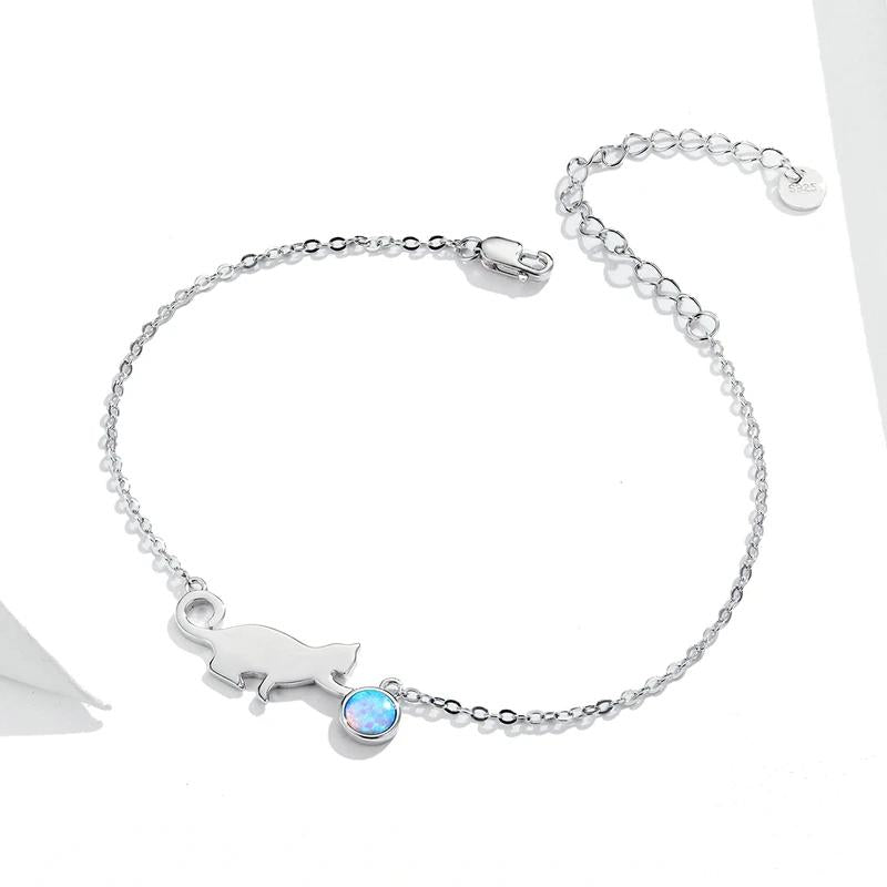 Silver Cat Bracelet With Opal Stone