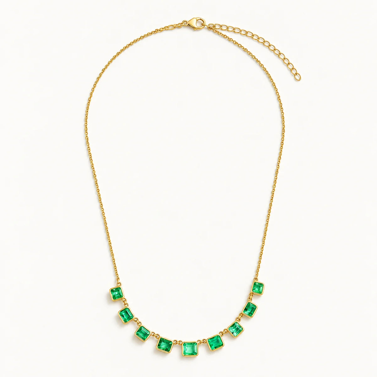 Elara necklace with nine green square cubic zirconia stones