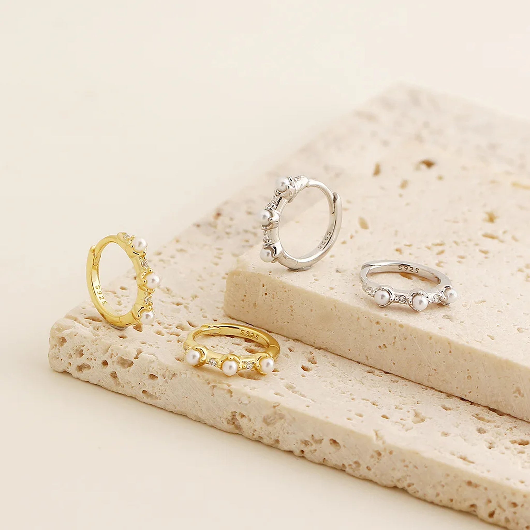 Elara Pearl Trio Huggie Earrings – 925 Sterling Silver