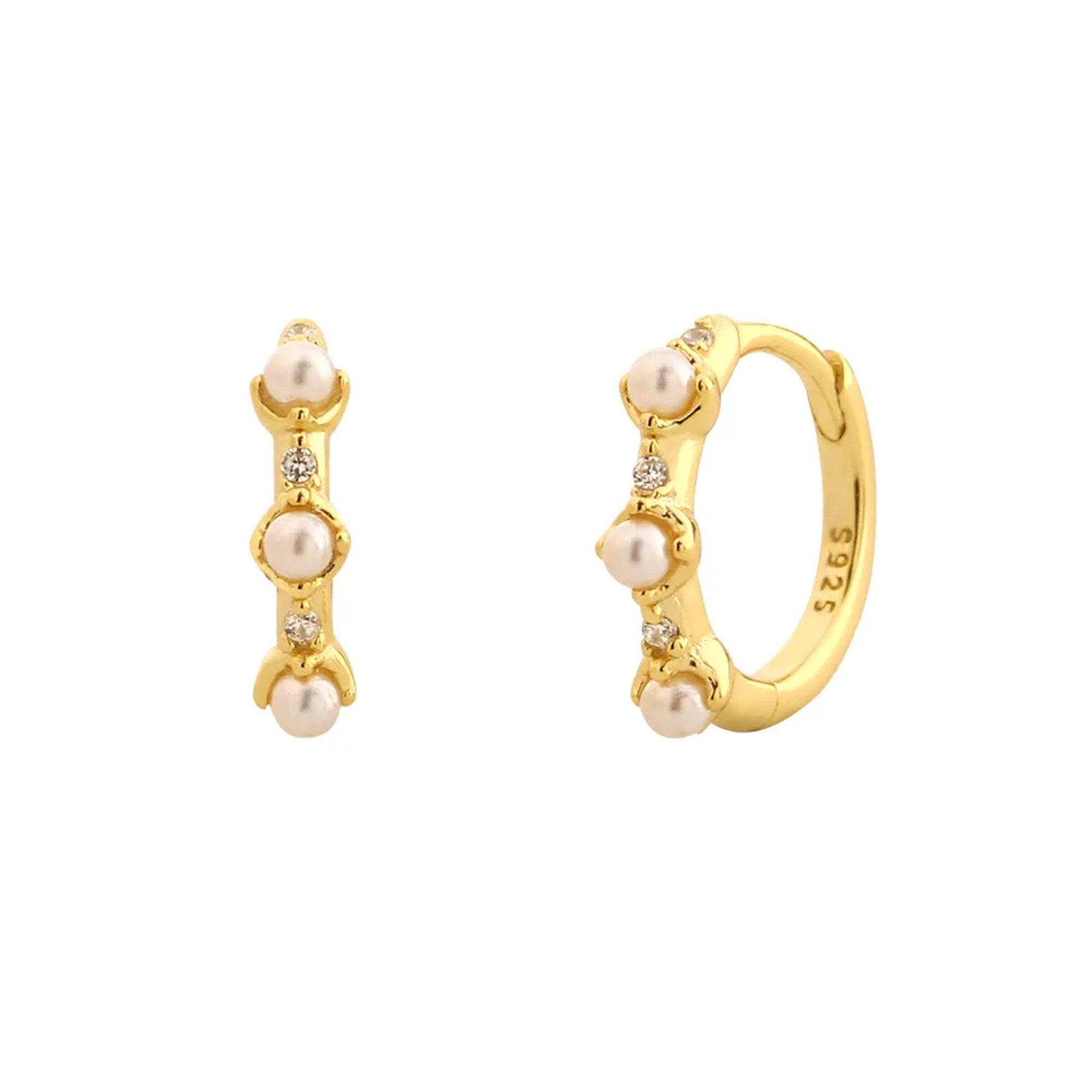 Elara Pearl Trio Huggie Earrings – 925 Sterling Silver