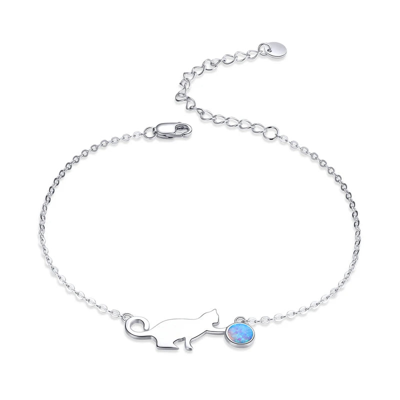 Silver Cat Bracelet With Opal Stone